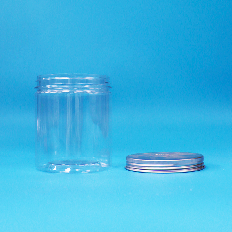 Szerokoustne okrągłe, przejrzyste plastikowe, PET, słodkie, cukierkowe słoiki, pokrywa aluminiowa