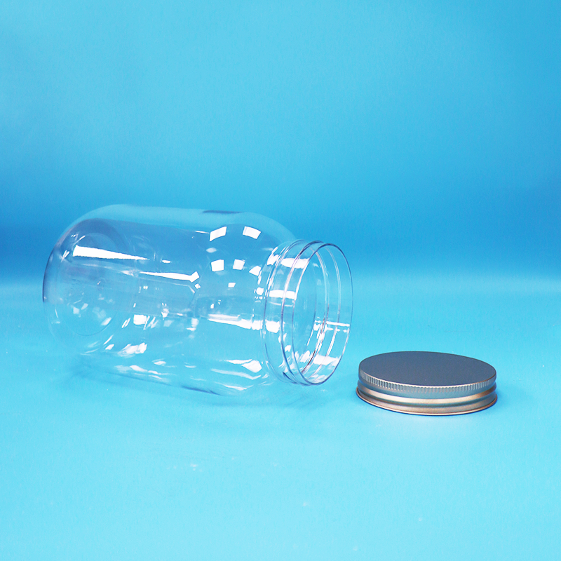 Żywność Jasny PET Plastikowy okrągły słoik Aluminiowy śrubka płaska czapka Do żywności słodycze orzechy