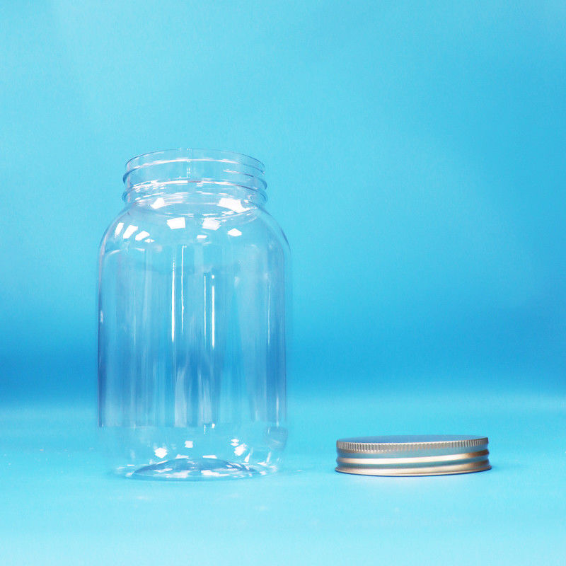 Żywność Jasny PET Plastikowy okrągły słoik Aluminiowy śrubka płaska czapka Do żywności słodycze orzechy