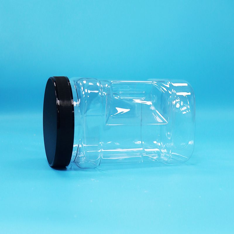 Przezroczyste słoiki z tworzywa PET na suszone owoce i orzechy, kwadratowe, z czarnymi, płaskimi wieczkami