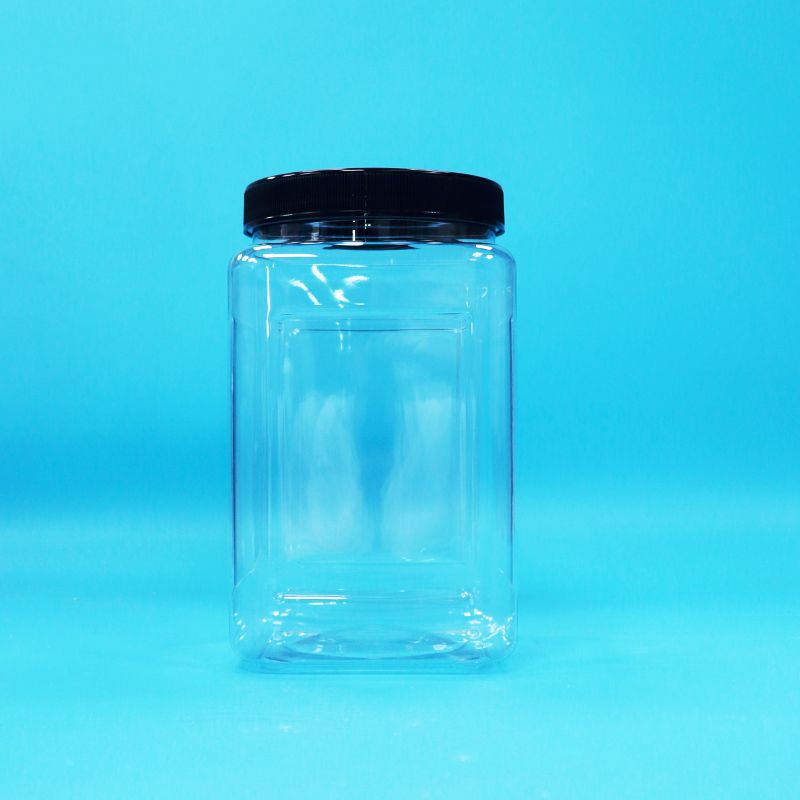 Przejrzyste słoiki, kształt kwadratowy, plastikowy PET, czarna pokrywa, do jedzenia, słodycze, ciasteczka, makaron