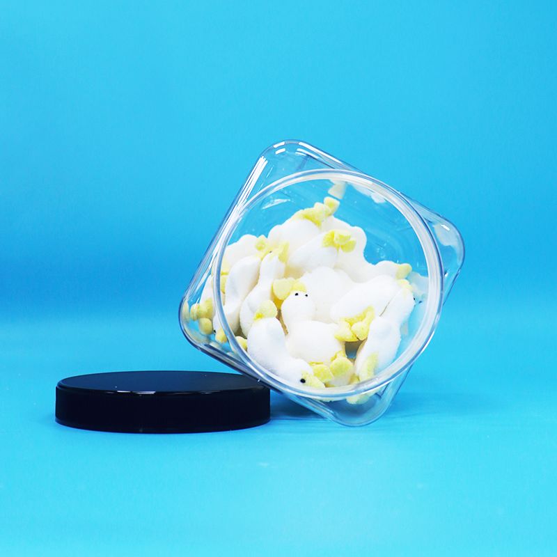 Kwadratowe przejrzyste plastikowe słoiki PET Czarna czapka dla dzieci Żywność słodycze ciasteczka