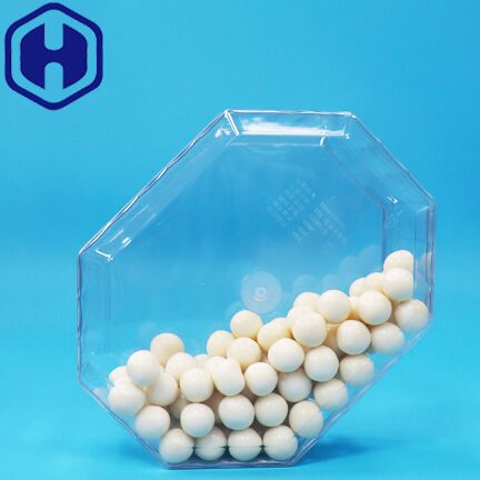 Puste pudełko do pakowania w kształcie ośmiokąta z suszonymi owocami, cukierkami, orzechami, ciasteczkami, wykonane z PET, przeznaczone do kontaktu z żywnością