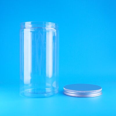 Przezroczyste, spożywcze, suszone owoce, chrupiące orzeszki ziemne, herbatniki, okrągłe słoiki PET, zakrętki